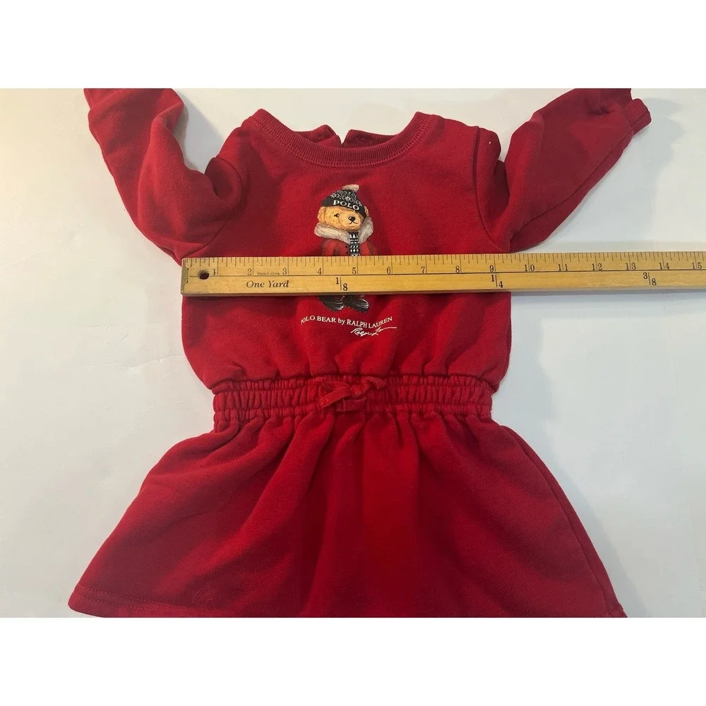 Ralph Lauren Polo Bear Fleece Dress Baby Girl 9M Red Long Sleeve‎ Prep Designer